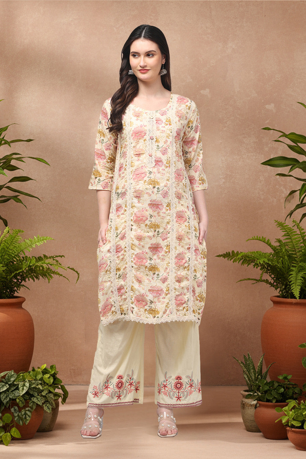 PRINTED COTTON SUIT SET- CREAM