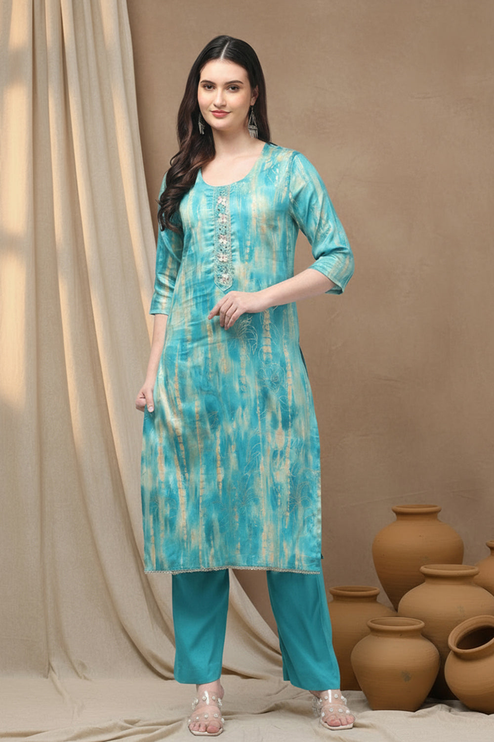 SILK BLEND FOIL PRINT SUIT SET-SEA GREEN