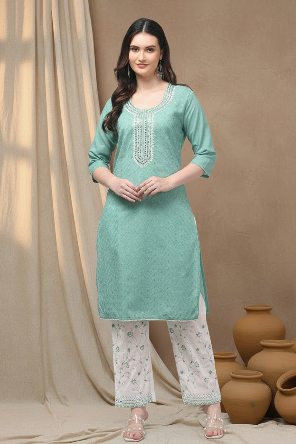 COTTON CHIKANKARI SUIT SET- SEA GREEN