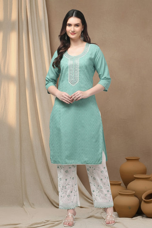 COTTON CHIKANKARI SUIT SET- SEA GREEN