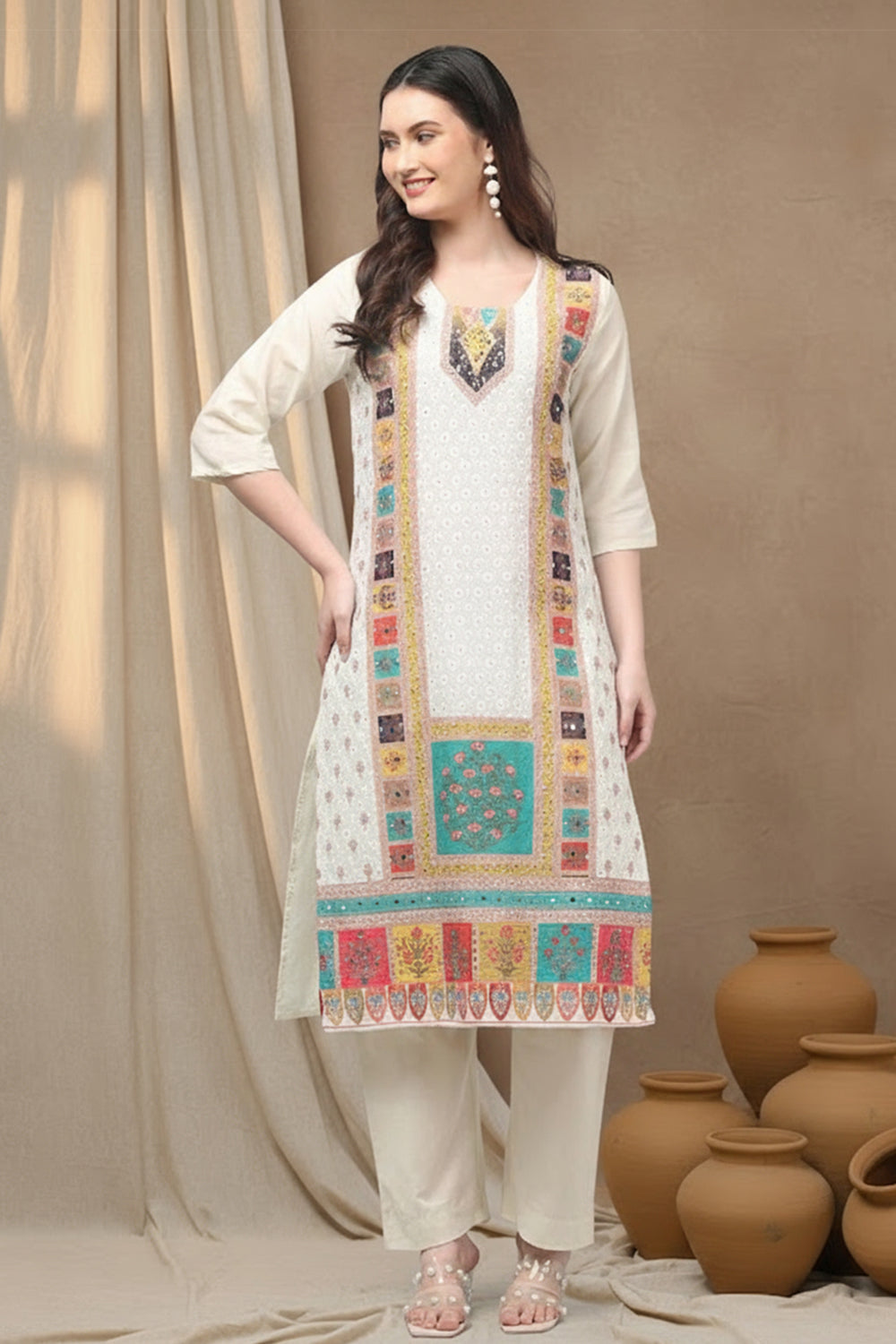 COTTON EMBROIDERED SUIT SET- CREAM