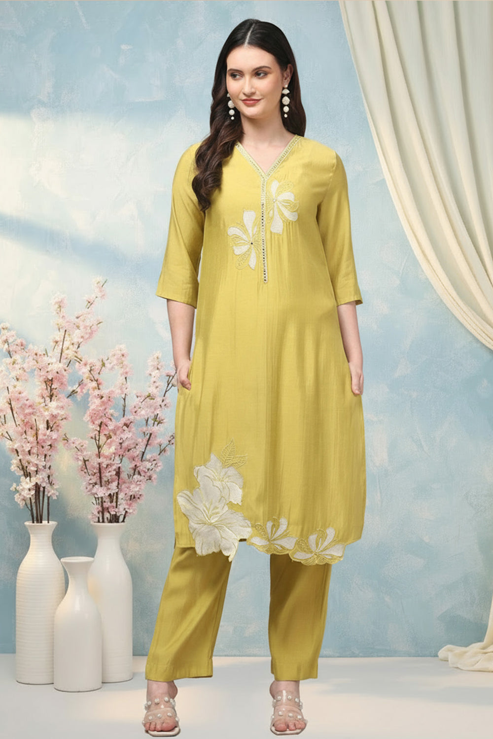 SILK BLEND EMBROIDERED SUIT SET-YELLOW