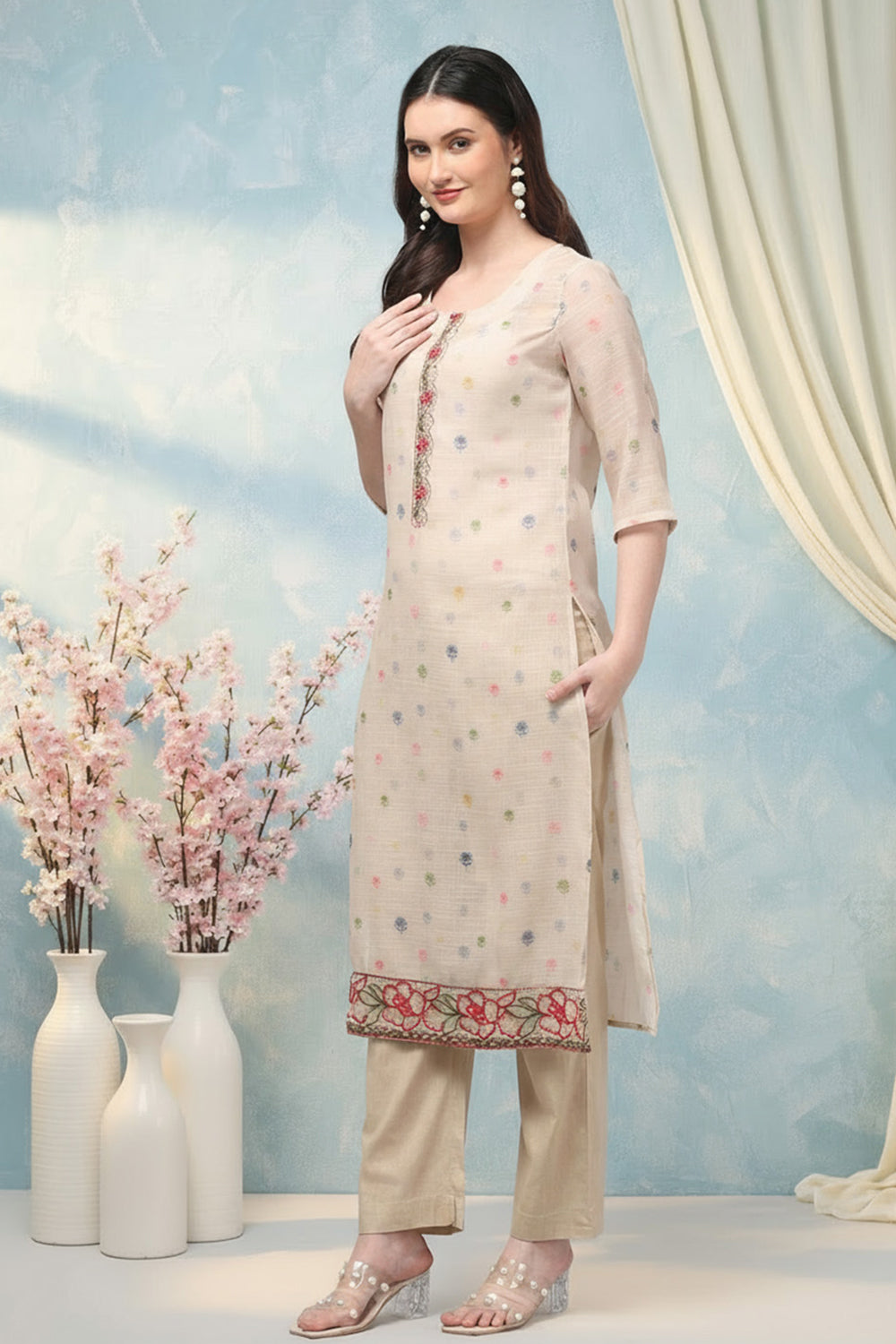 COTTON EMBROIDERED SUIT SET- BEIGE