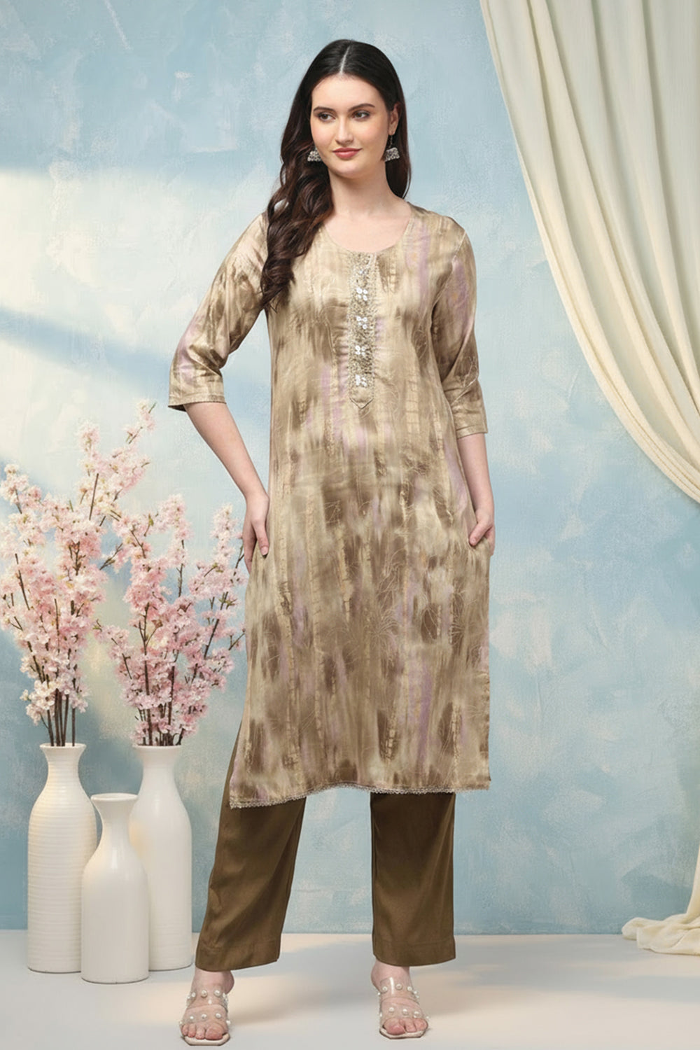 SILK BLEND PRINTED SUIT SET-OLIVE GREEN