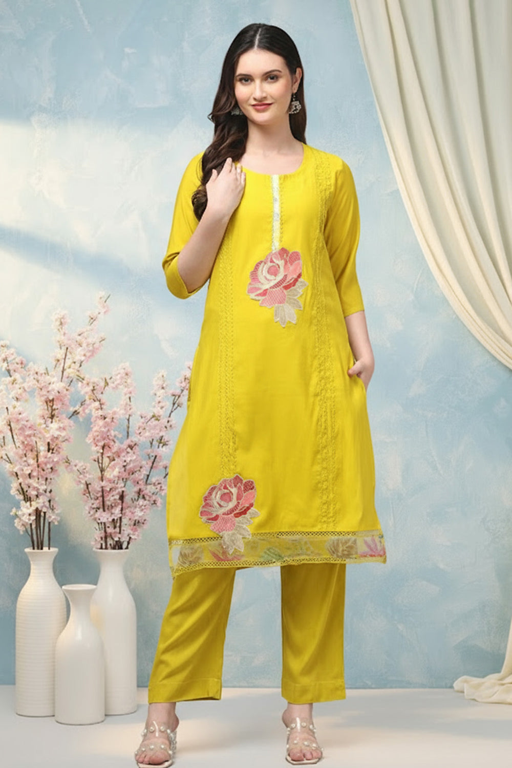 SILK BLEND EMBROIDERED SUIT SET- YELLOW