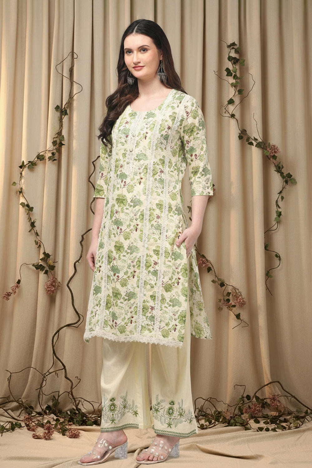 COTTON PRINTED & EMBROIDERED SUIT SET-OLIVE GREEN