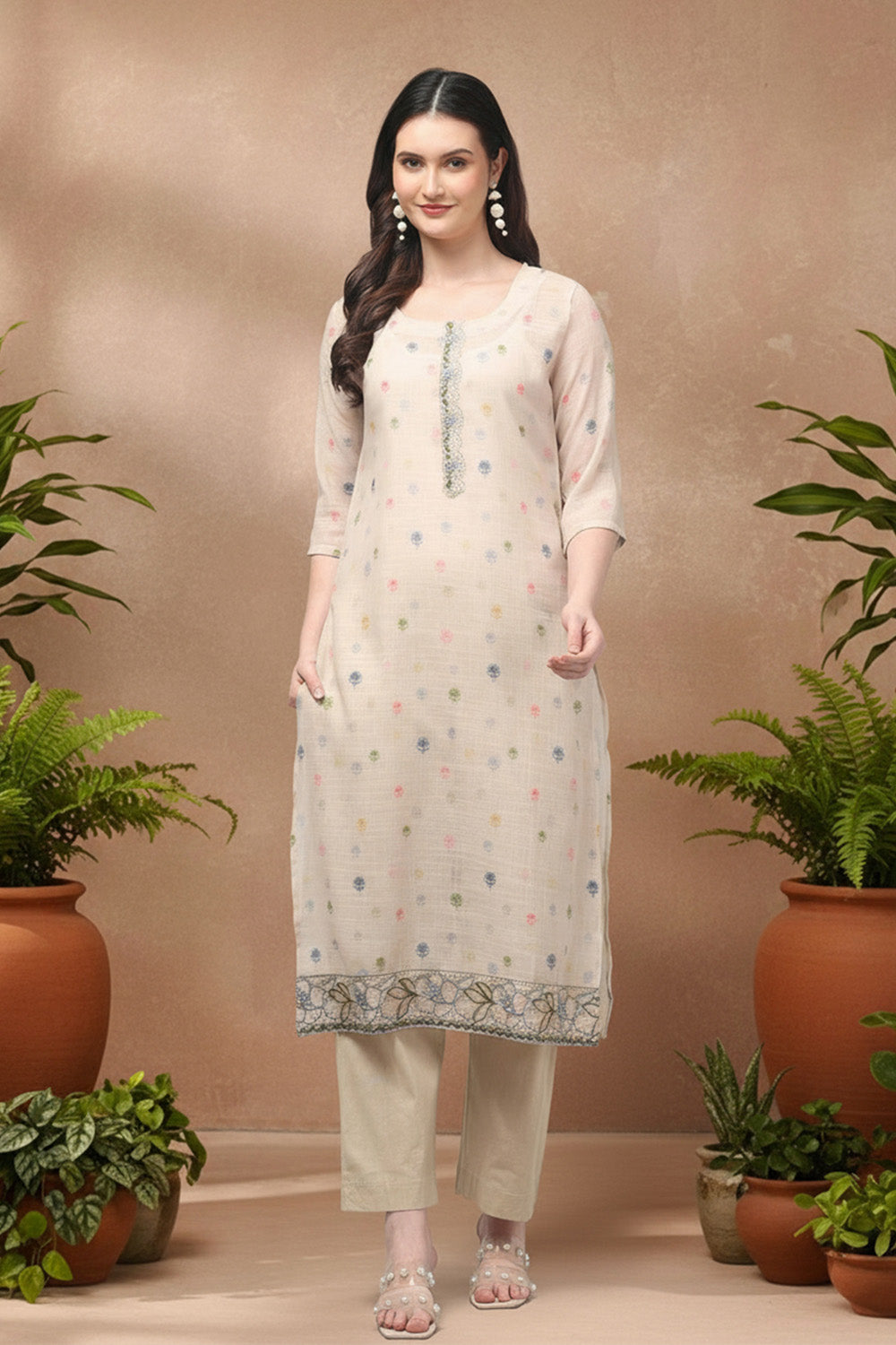 PRINTED COTTON SUIT SET- BEIGE