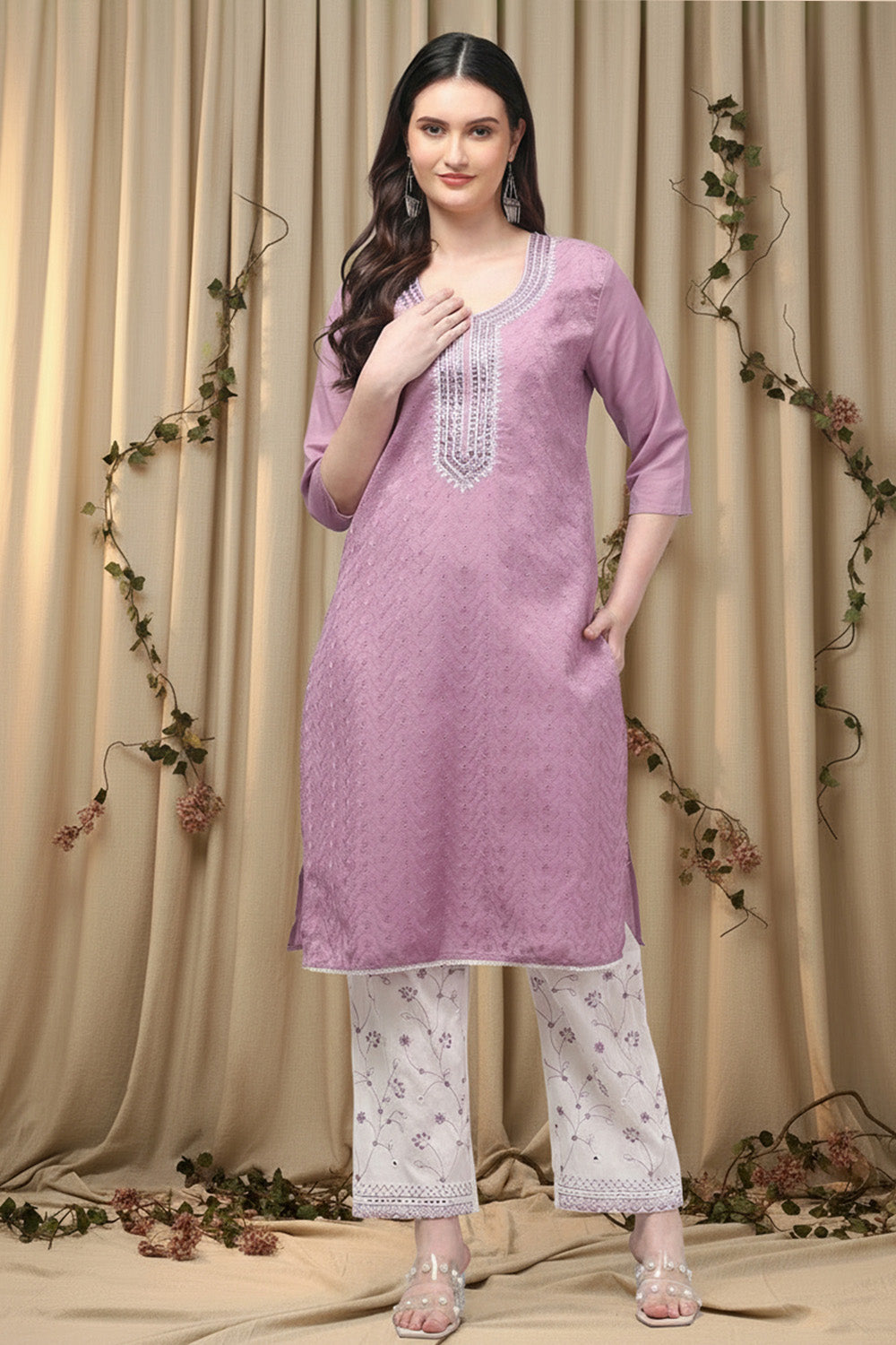 COTTON CHIKANKARI MIRROR WORK SUIT SET-PURPLE