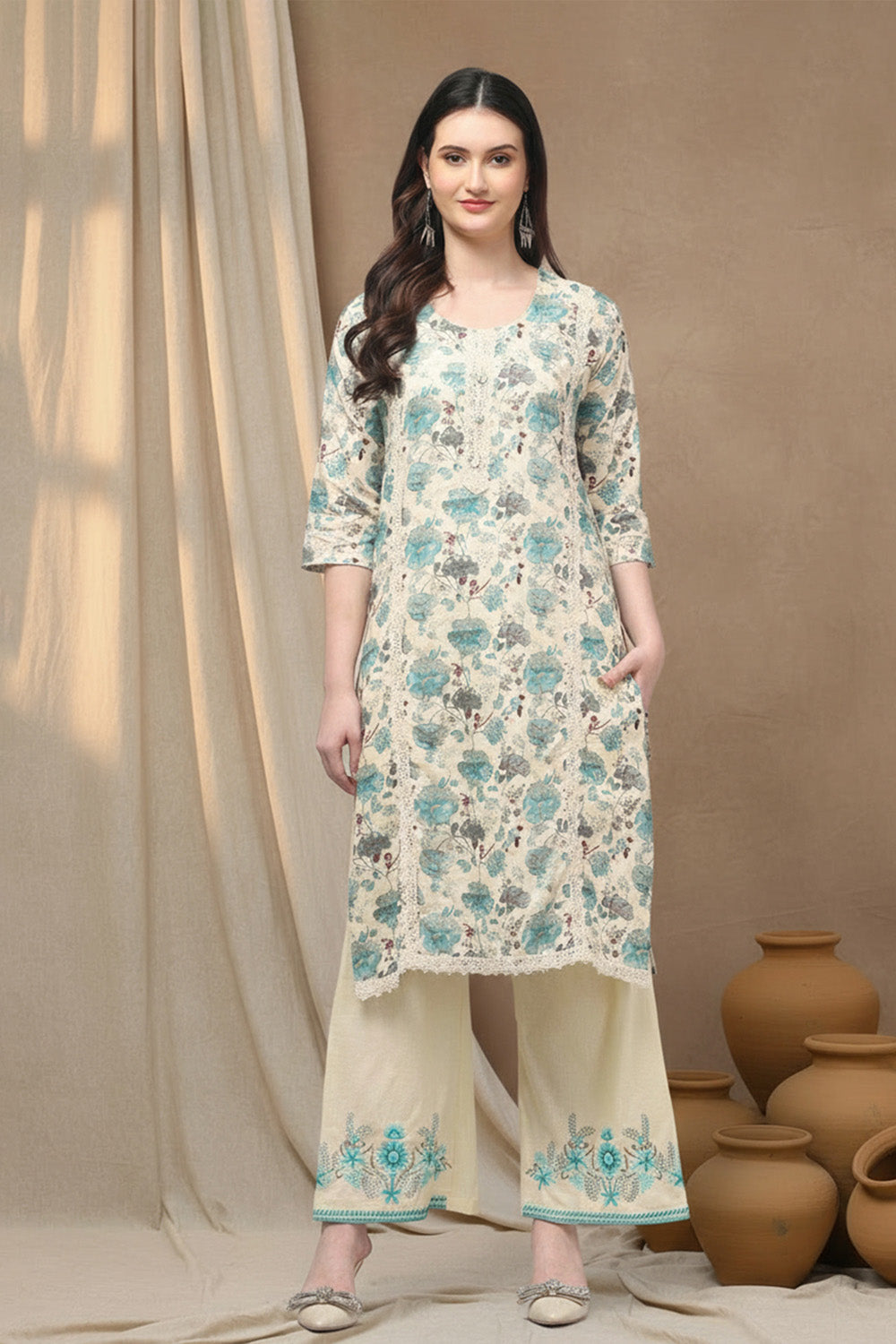 COTTON EMBROIDERED SUIT SET- SEA GREEN