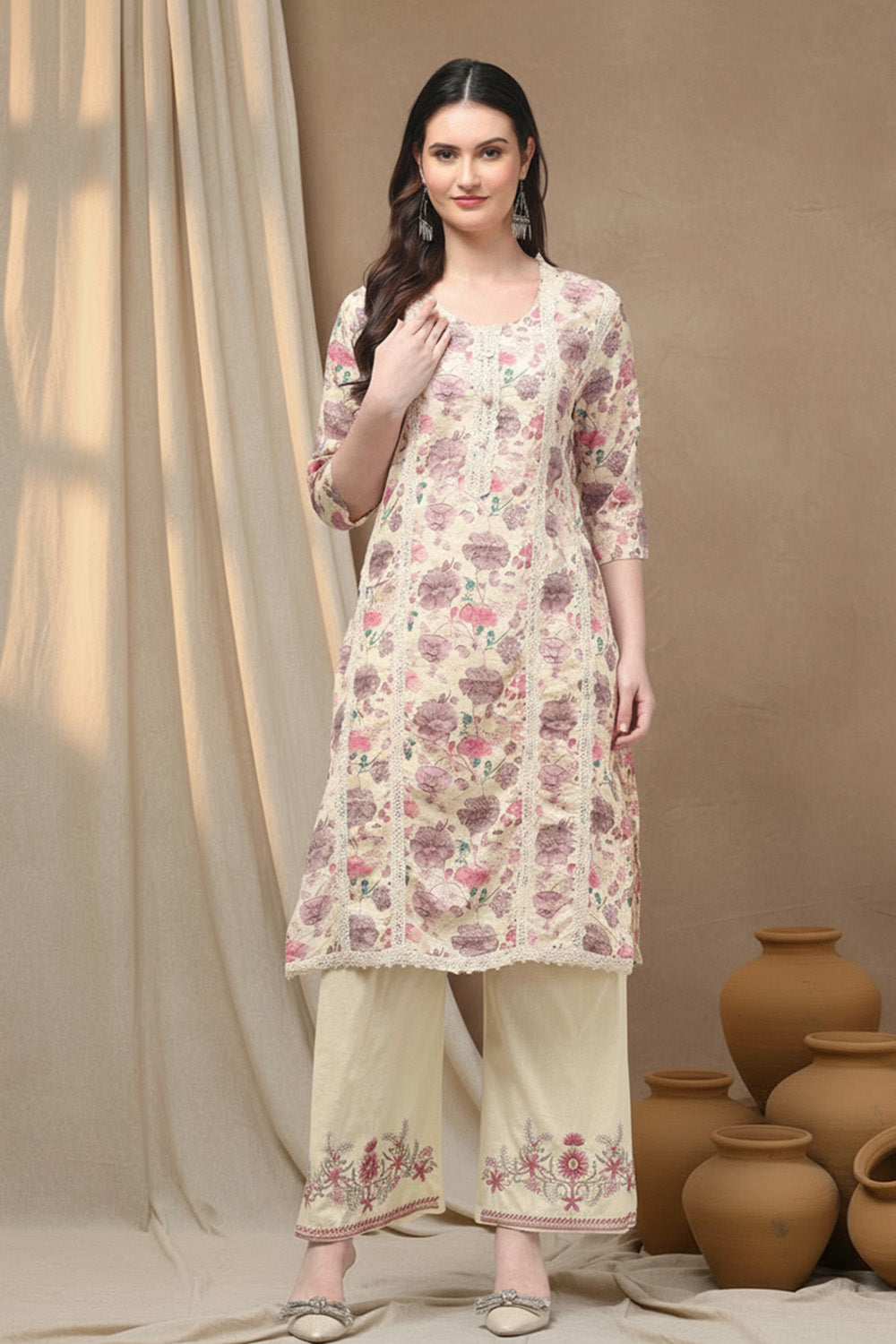 COTTON EMBROIDERED SUIT SET- PURPLE