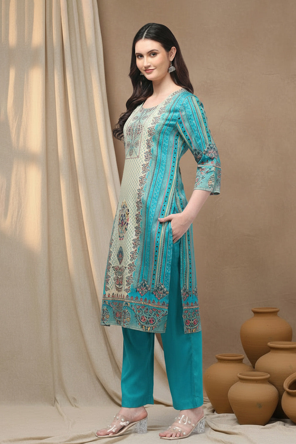 SILK BLEND ETHNIC PRINT SUIT SET- SEA GREEN