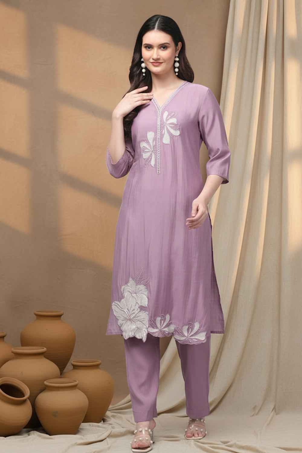 SILK BLEND EMBROIDERED SUIT SET-PURPLE
