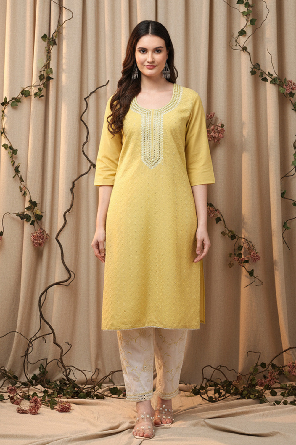 COTTON CHIKANKARI MIRROR WORK SUIT SET- YELLOW