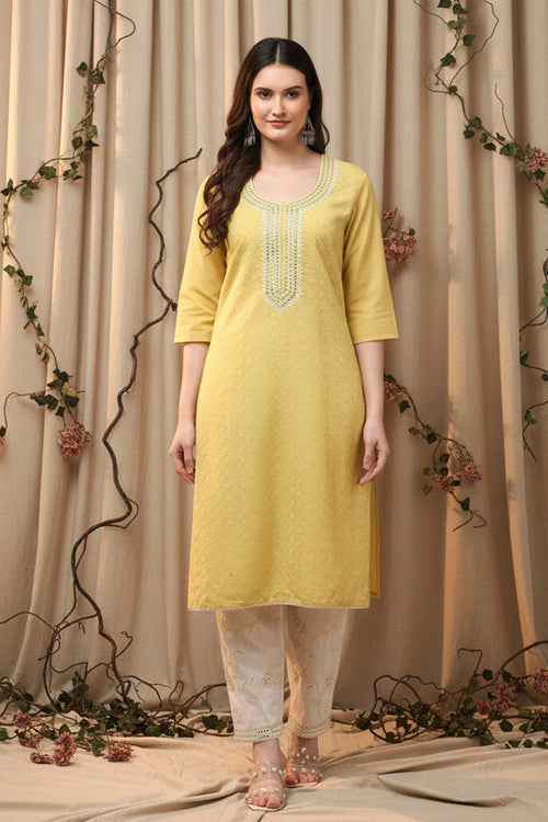 COTTON CHIKANKARI MIRROR WORK SUIT SET- YELLOW