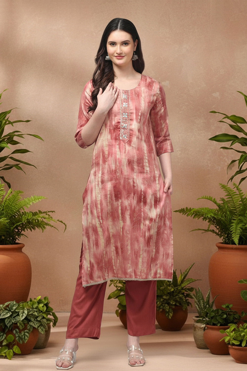 SILK BLEND FOIL PRINT SUIT SET- PINK