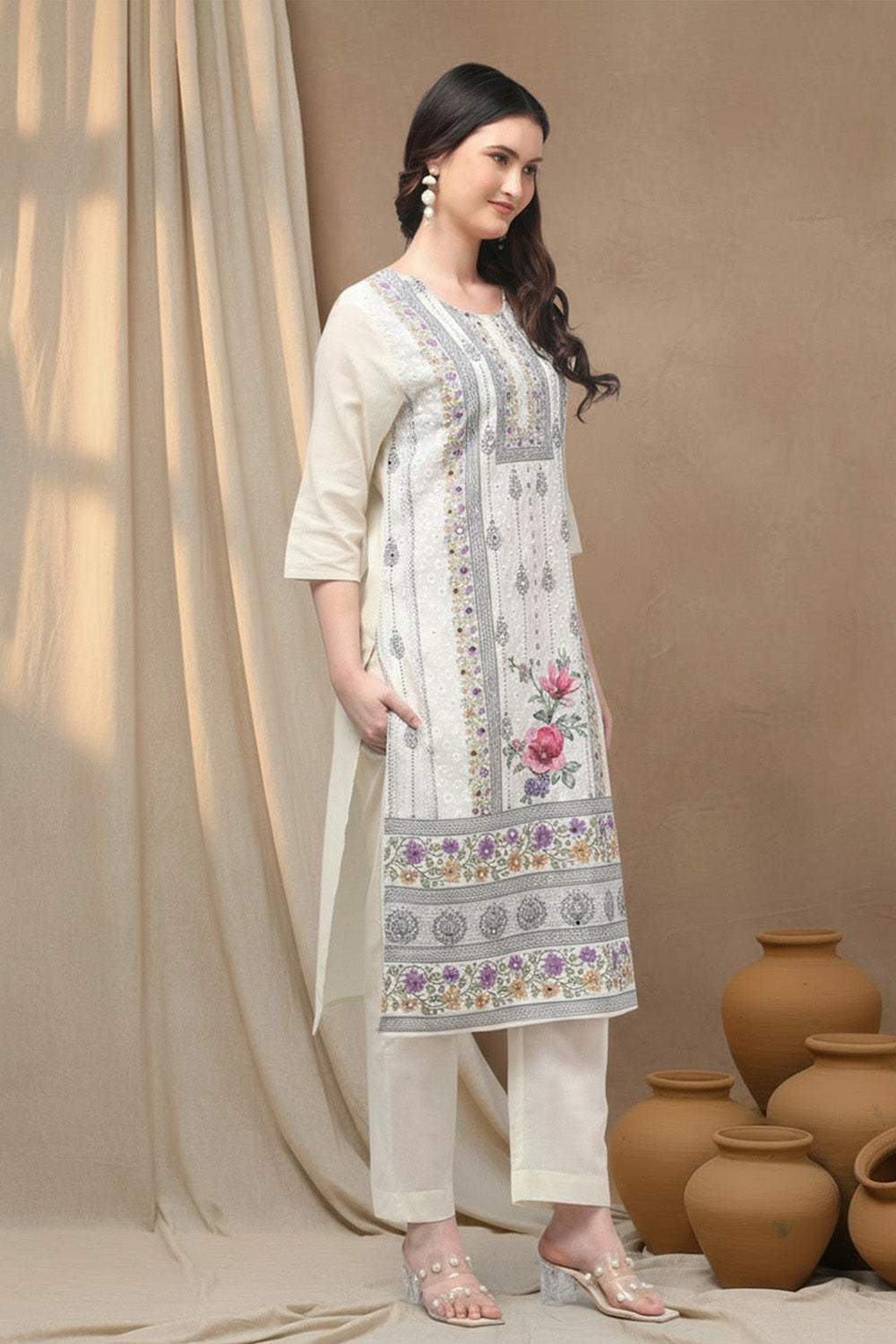 COTTON EMBROIDERED SUIT SET- CREAM