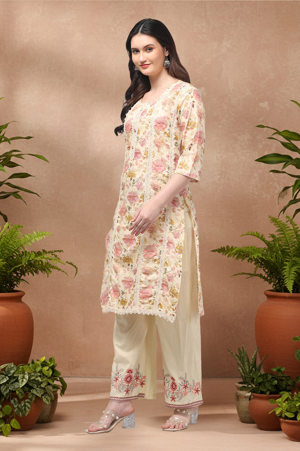 PRINTED COTTON SUIT SET- CREAM