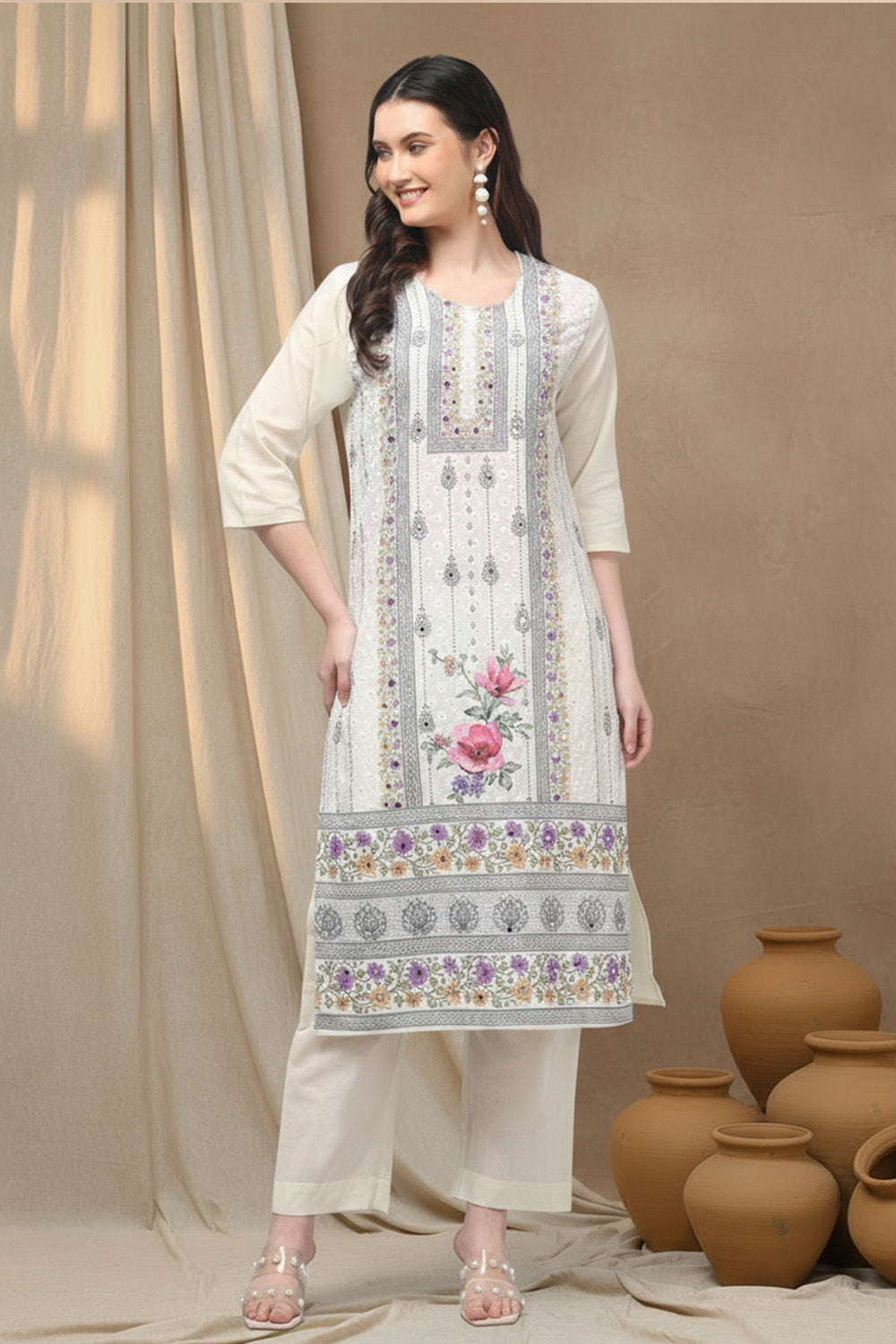 COTTON EMBROIDERED SUIT SET- CREAM