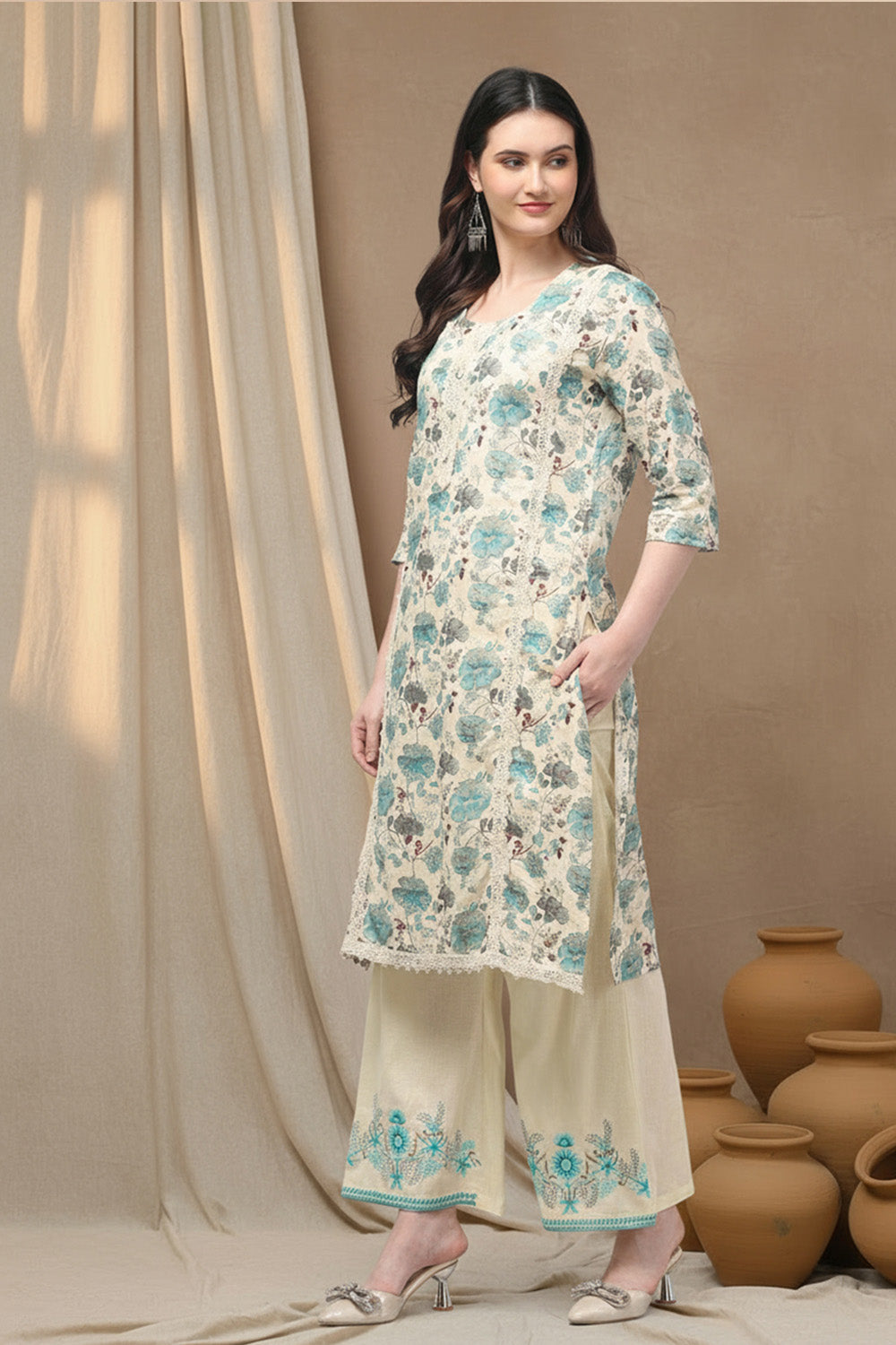 COTTON EMBROIDERED SUIT SET- SEA GREEN
