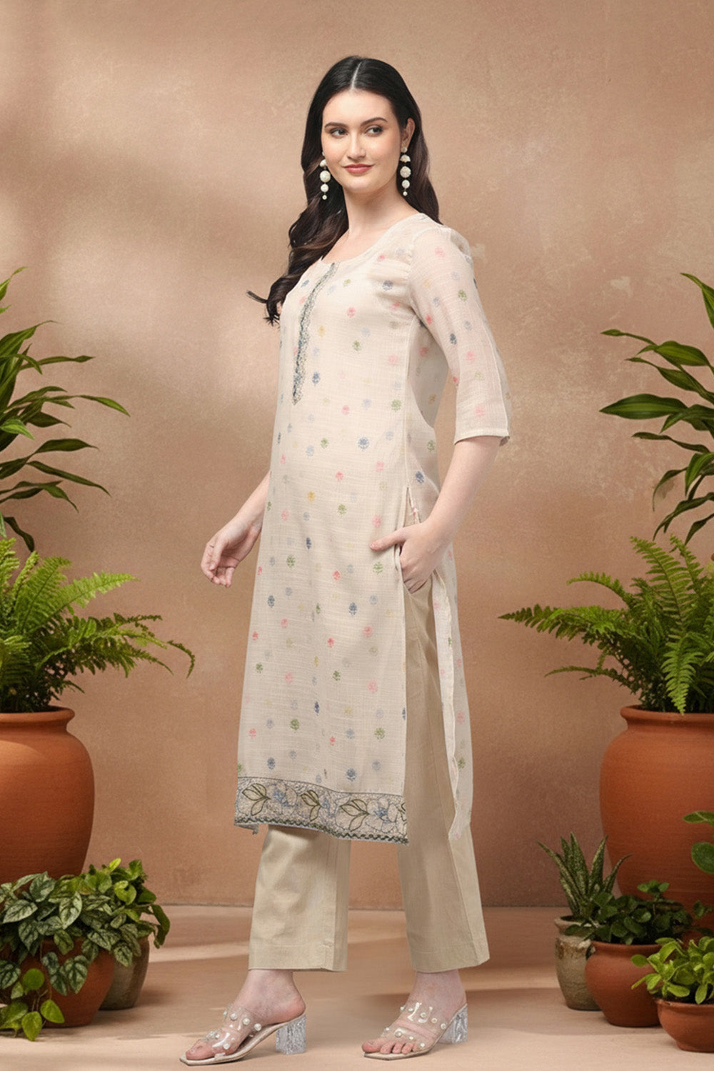 PRINTED COTTON SUIT SET- BEIGE