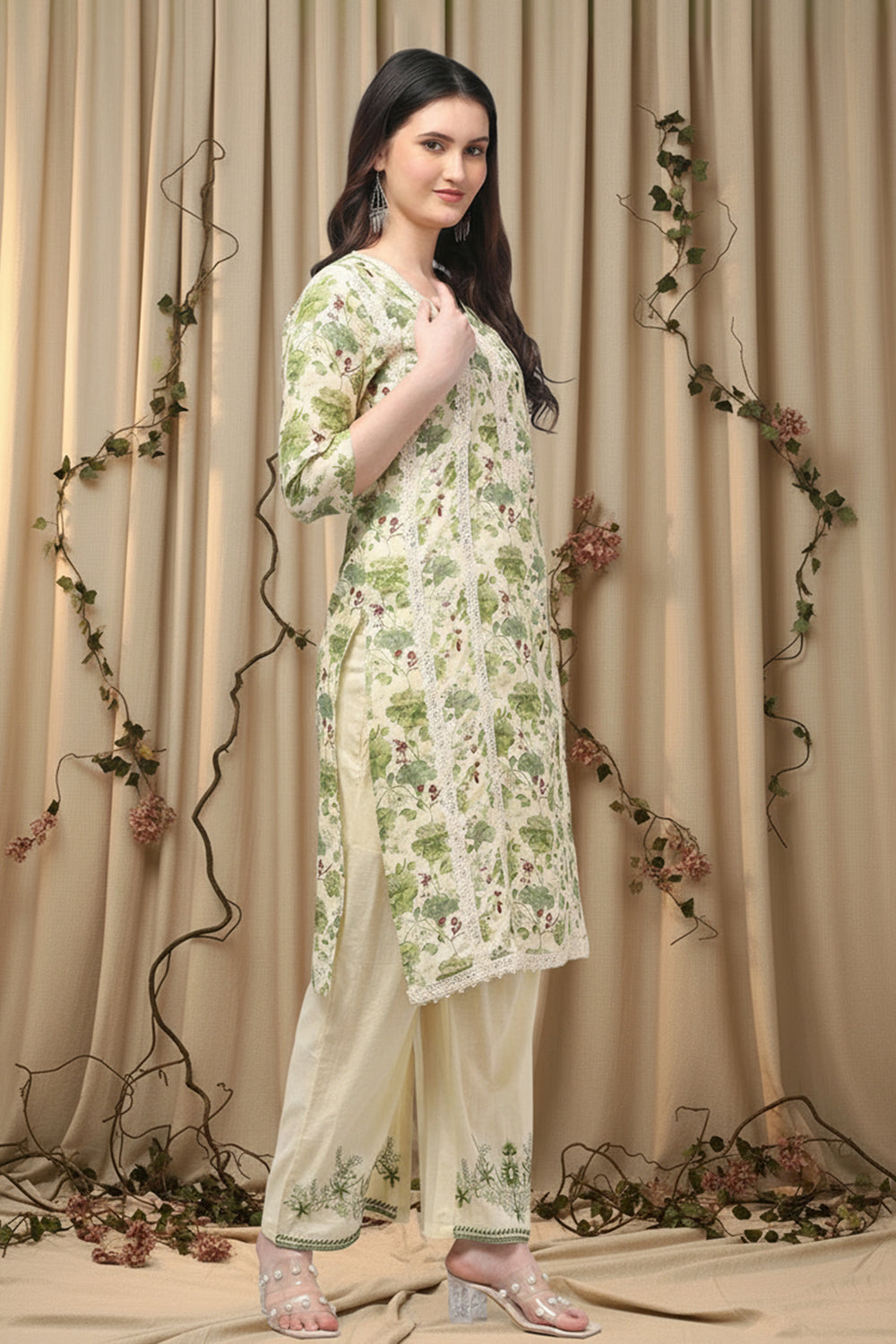 COTTON PRINTED & EMBROIDERED SUIT SET-OLIVE GREEN