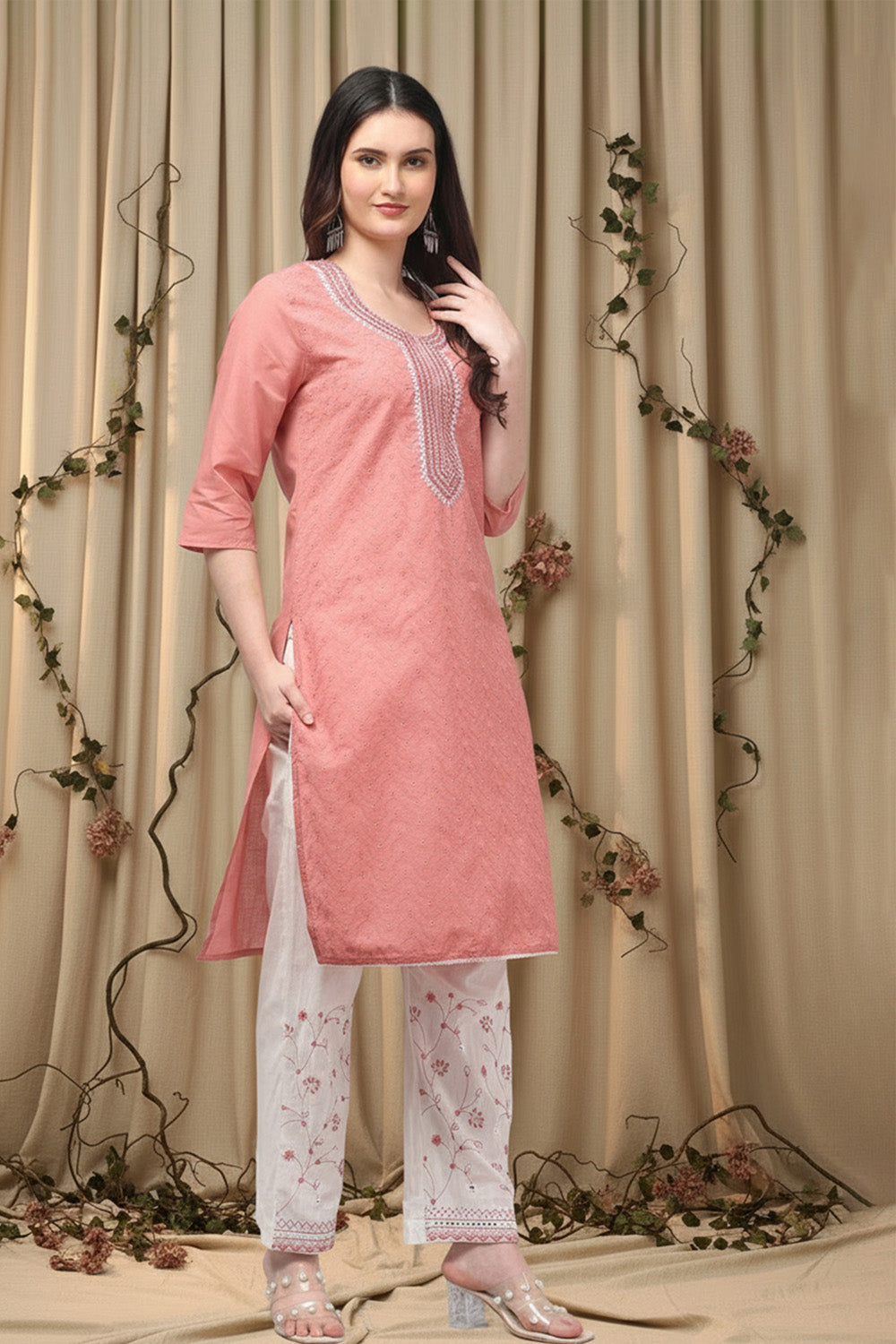 COTTON CHIKANKARI MIRROR WORK SUIT SET- CARROT PINK