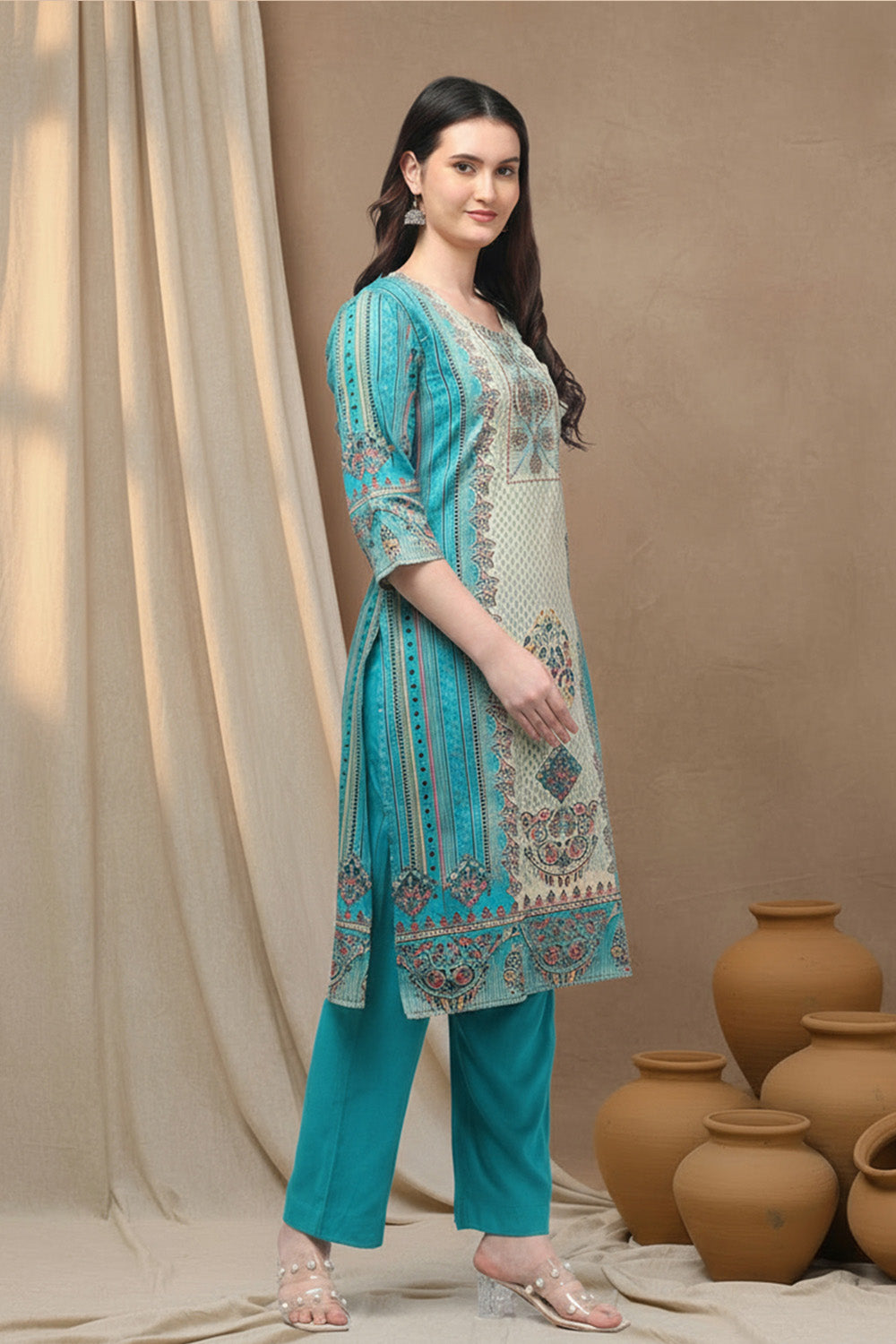 SILK BLEND ETHNIC PRINT SUIT SET- SEA GREEN