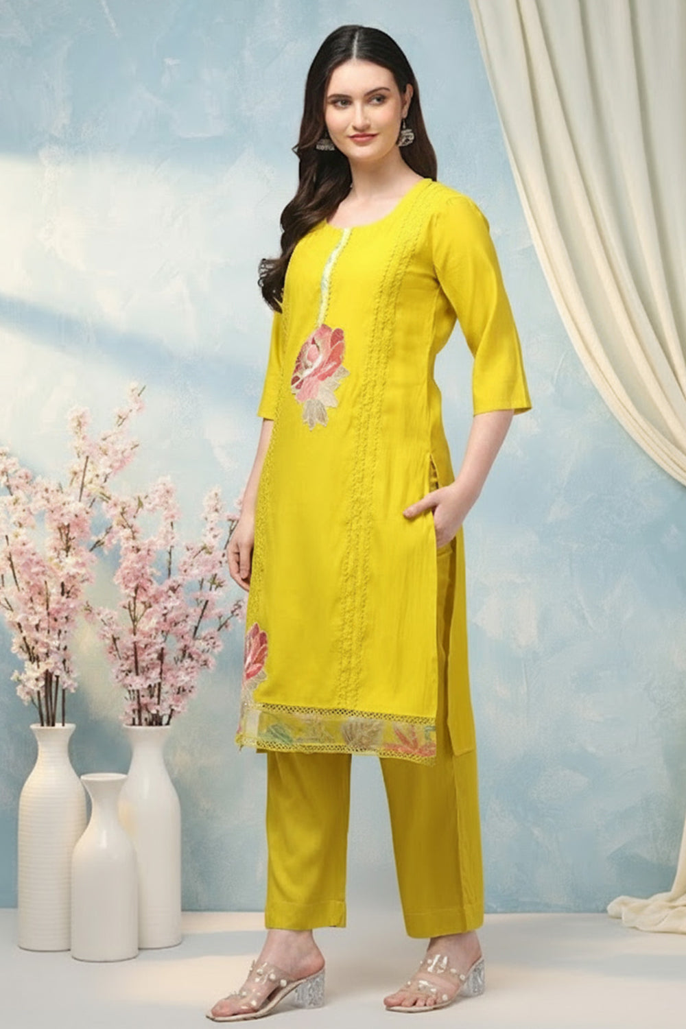 SILK BLEND EMBROIDERED SUIT SET- YELLOW