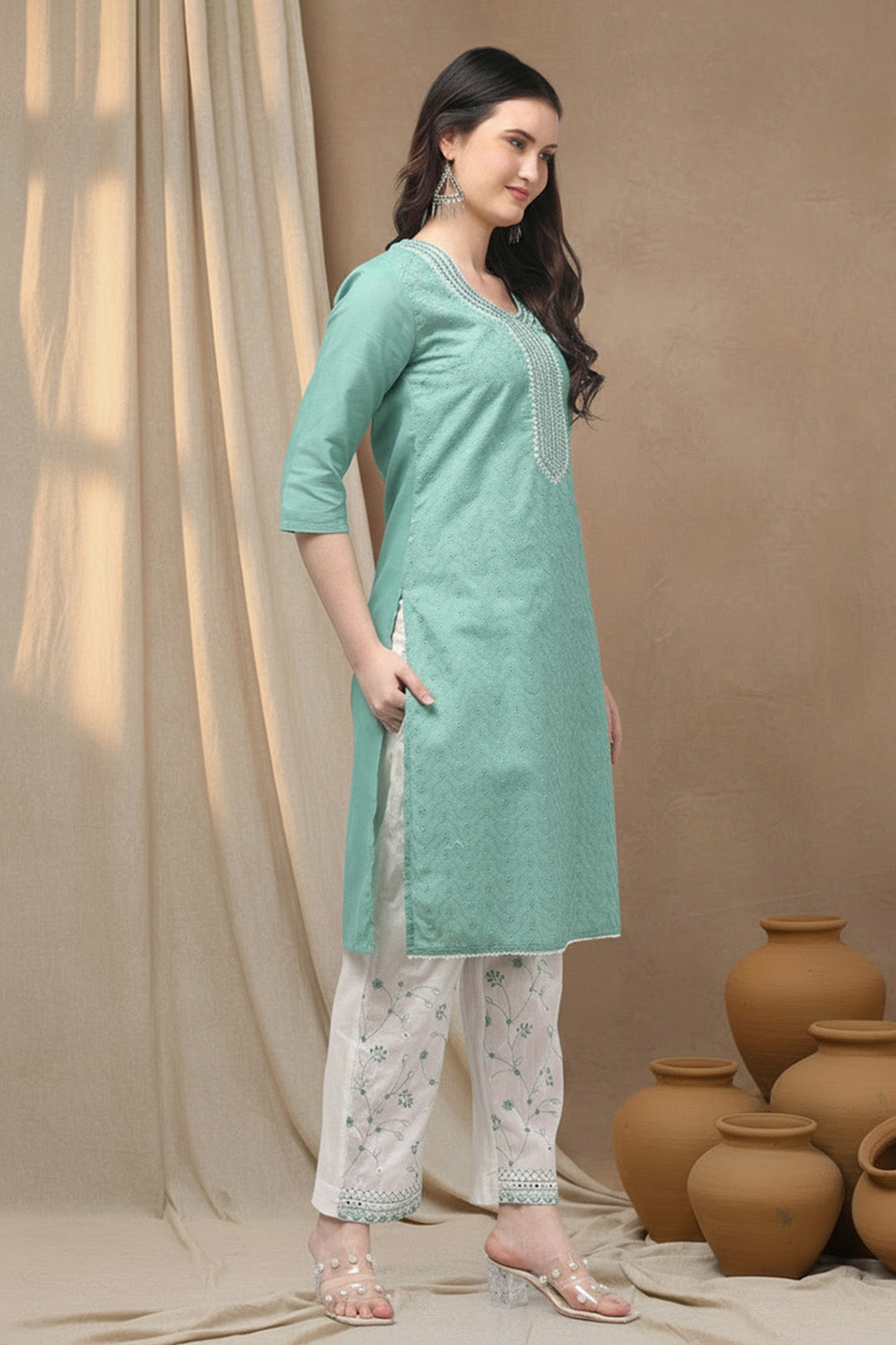 COTTON CHIKANKARI SUIT SET- SEA GREEN