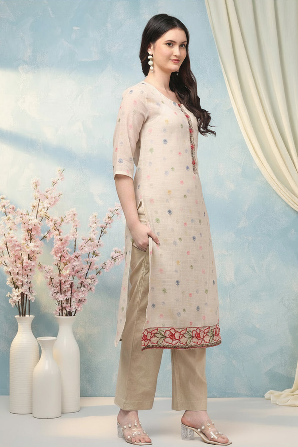 COTTON EMBROIDERED SUIT SET- BEIGE