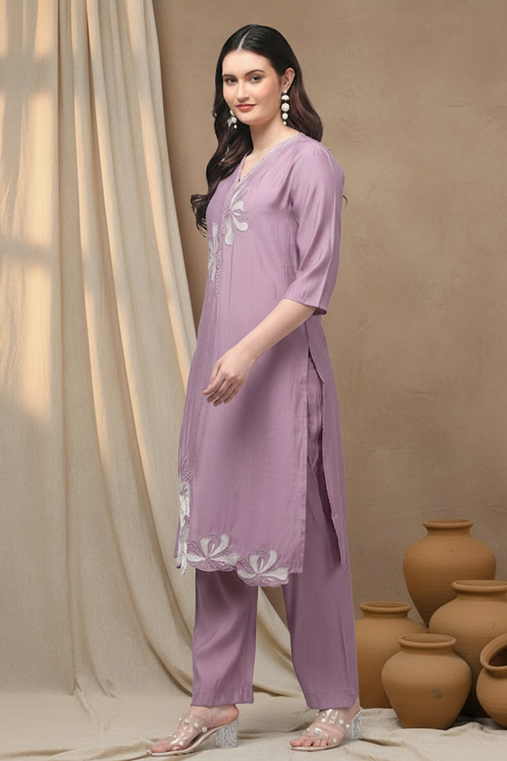 SILK BLEND EMBROIDERED SUIT SET-PURPLE