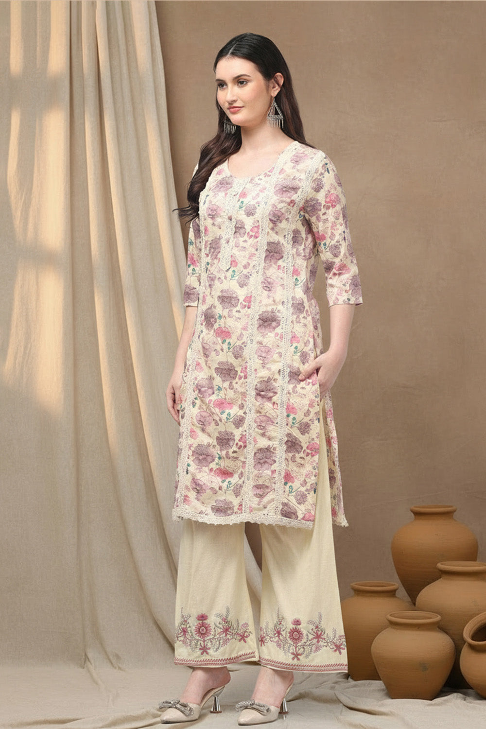 COTTON EMBROIDERED SUIT SET- PURPLE