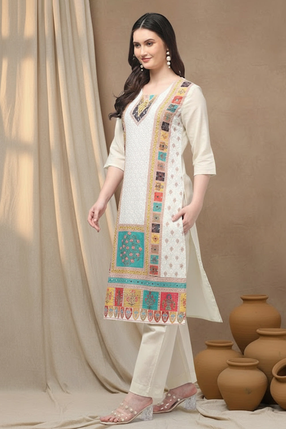 COTTON EMBROIDERED SUIT SET- CREAM