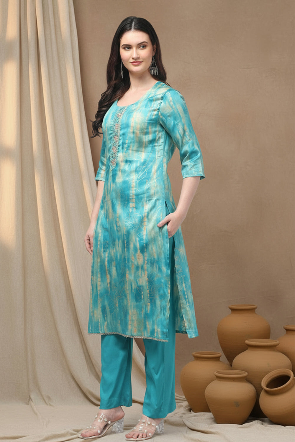 SILK BLEND FOIL PRINT SUIT SET-SEA GREEN