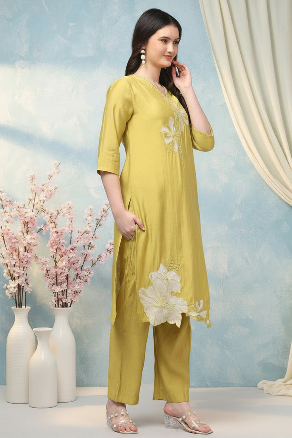 SILK BLEND EMBROIDERED SUIT SET-YELLOW