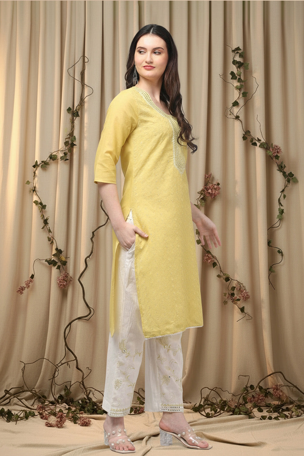 COTTON CHIKANKARI MIRROR WORK SUIT SET- YELLOW