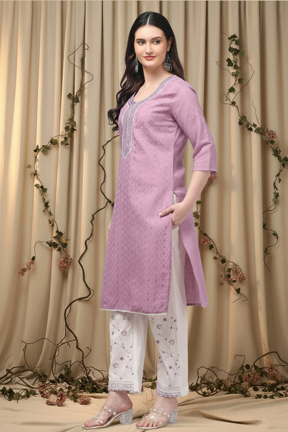COTTON CHIKANKARI MIRROR WORK SUIT SET-PURPLE