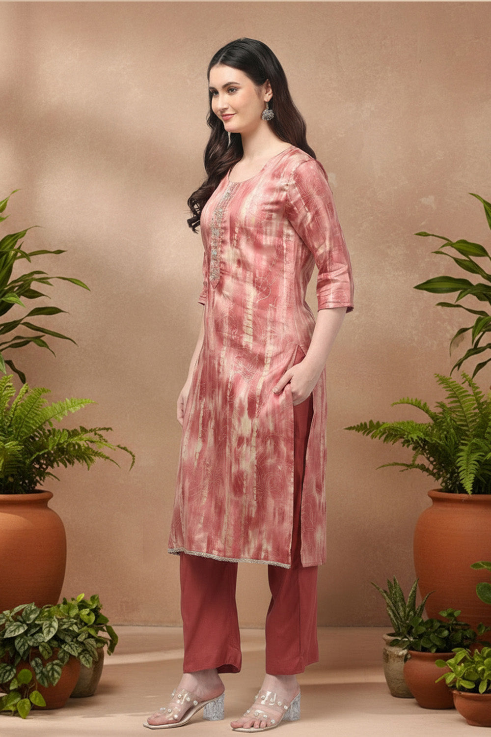 SILK BLEND FOIL PRINT SUIT SET- PINK