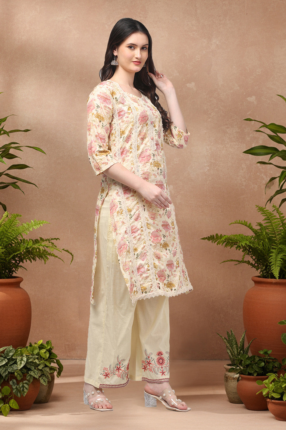 PRINTED COTTON SUIT SET- CREAM