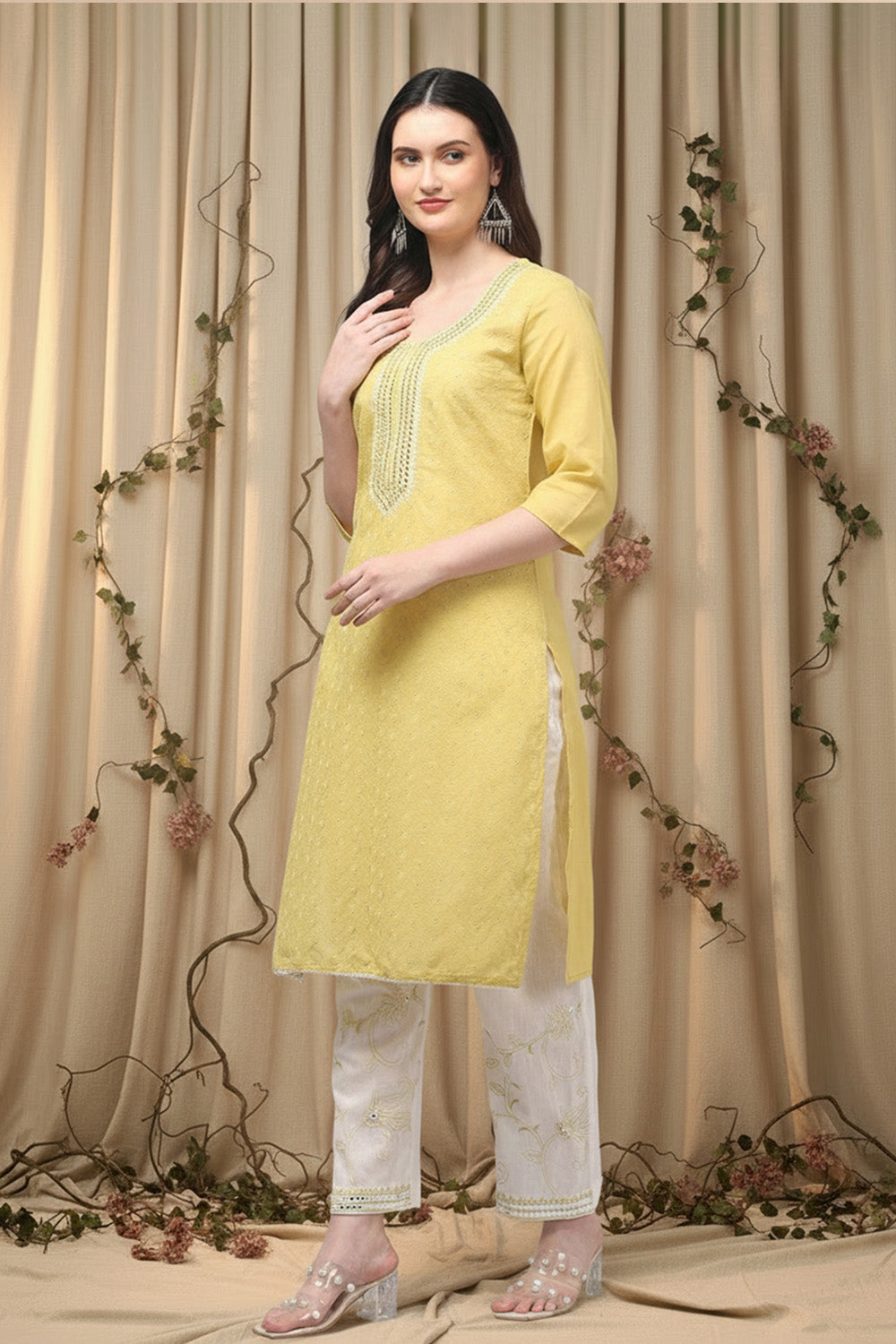 COTTON CHIKANKARI MIRROR WORK SUIT SET- YELLOW