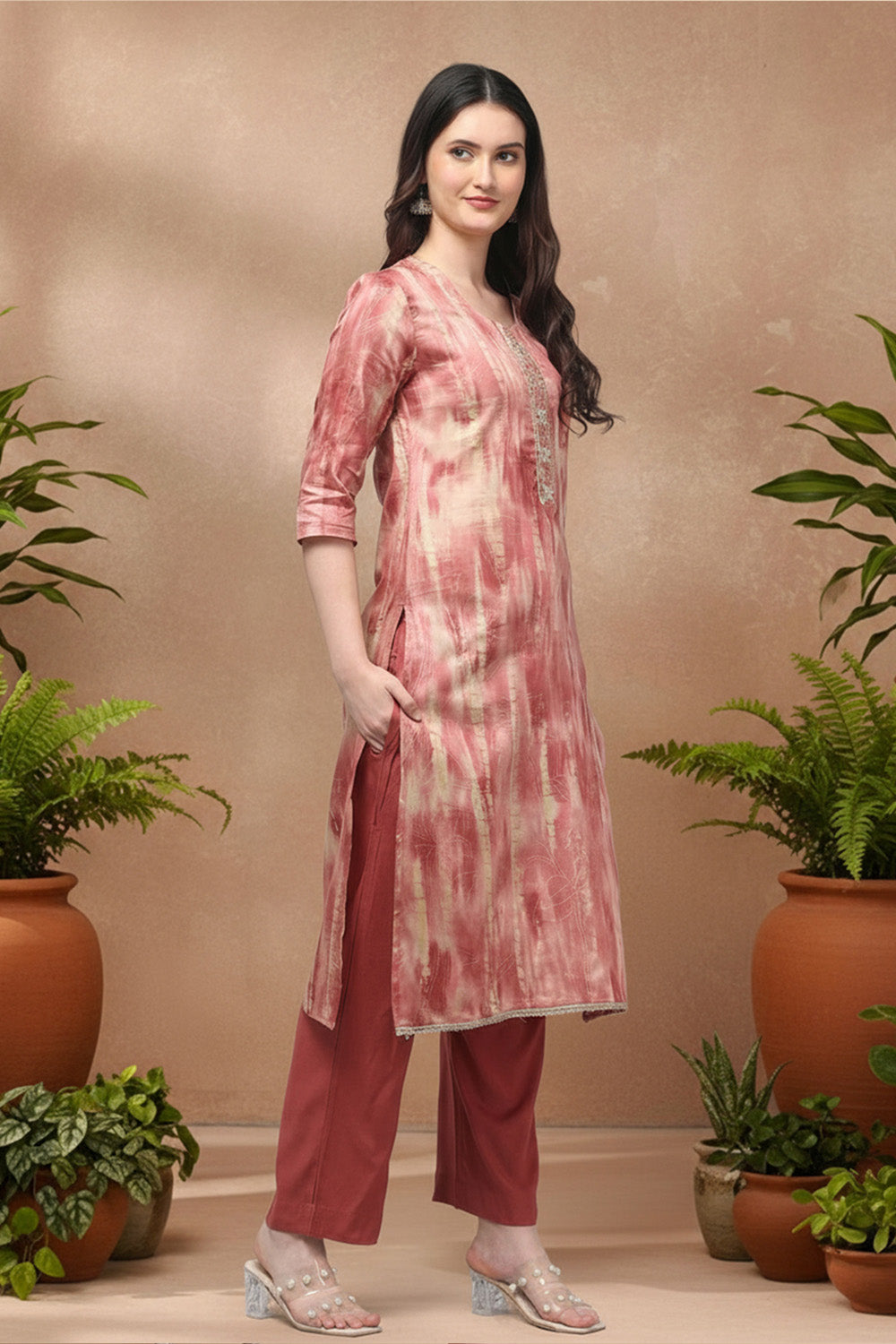 SILK BLEND FOIL PRINT SUIT SET- PINK