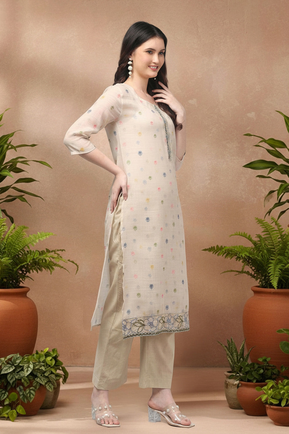 PRINTED COTTON SUIT SET- BEIGE
