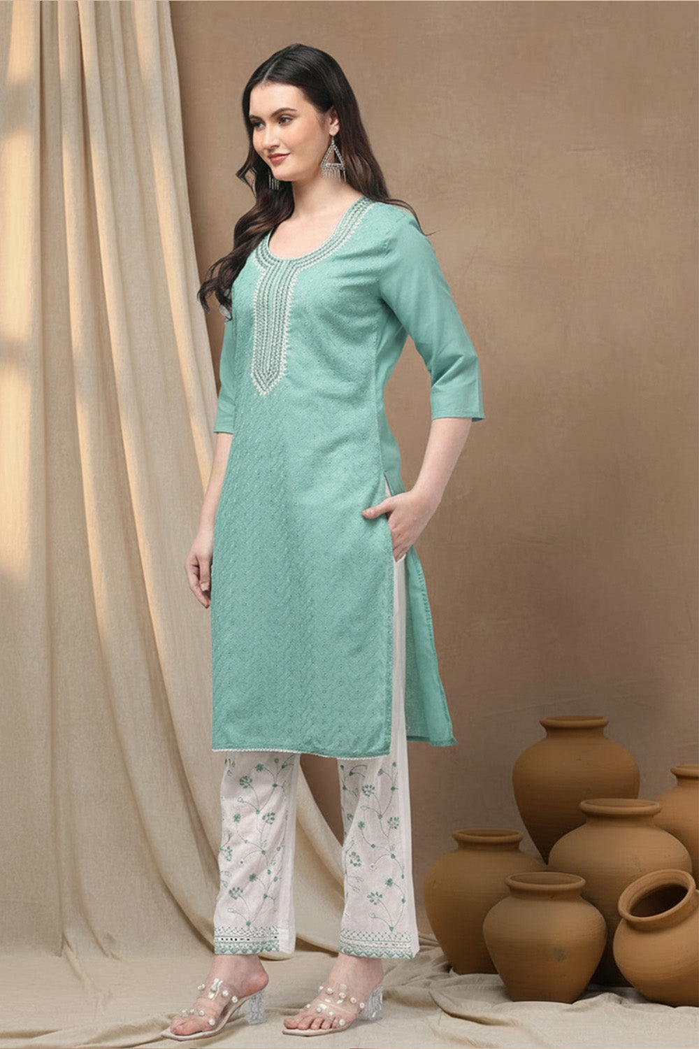 COTTON CHIKANKARI SUIT SET- SEA GREEN
