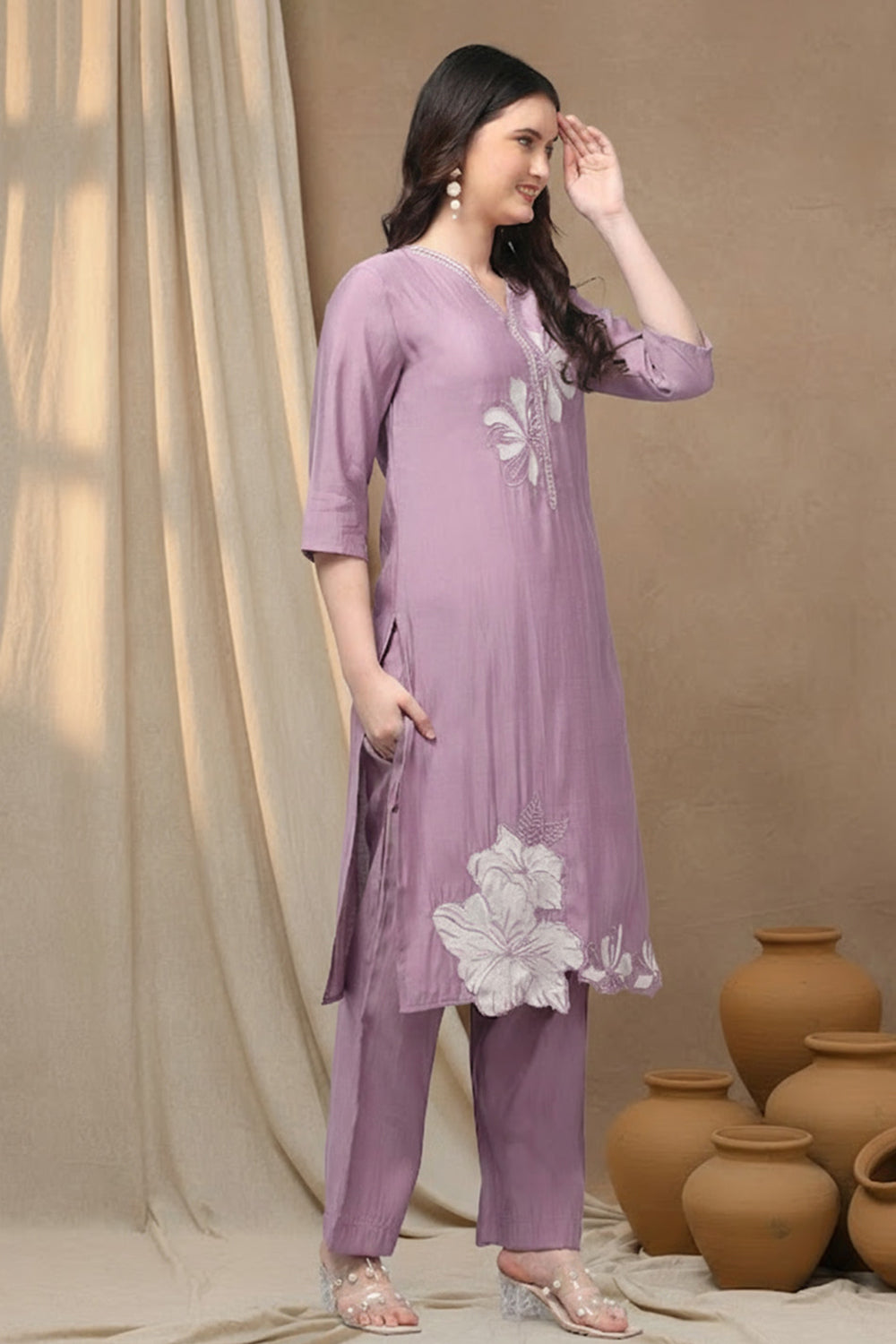 SILK BLEND EMBROIDERED SUIT SET-PURPLE