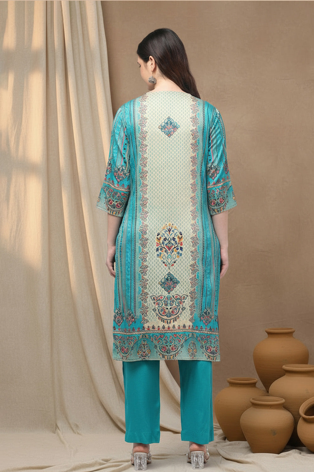 SILK BLEND ETHNIC PRINT SUIT SET- SEA GREEN