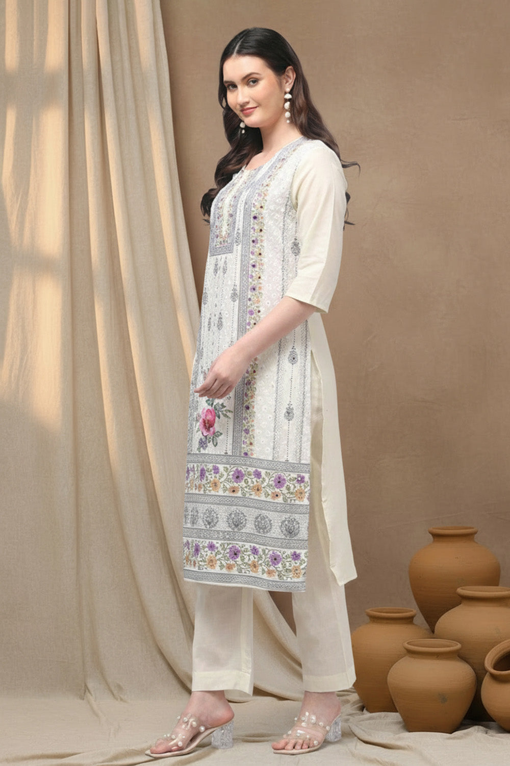 COTTON EMBROIDERED SUIT SET- CREAM