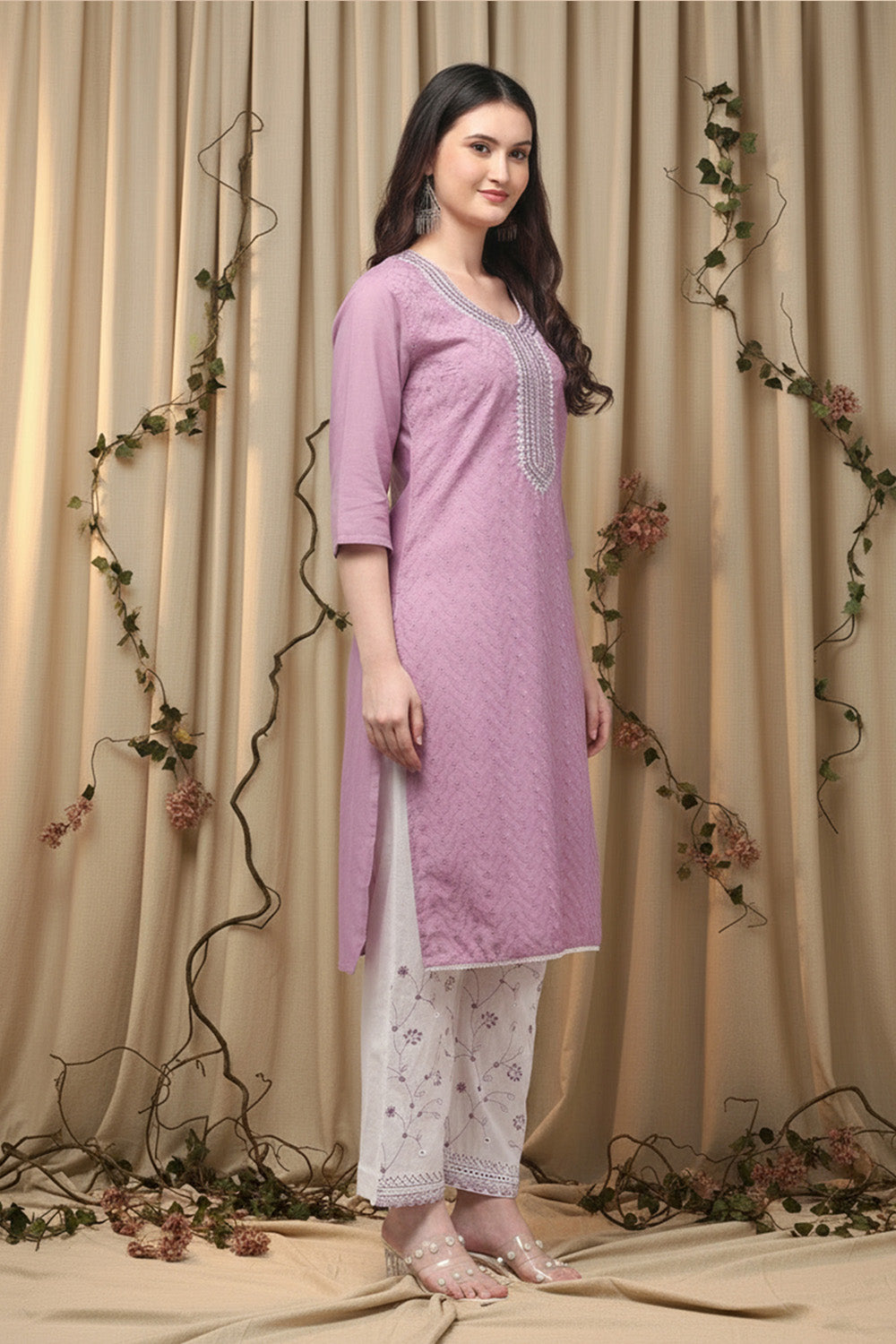 COTTON CHIKANKARI MIRROR WORK SUIT SET-PURPLE