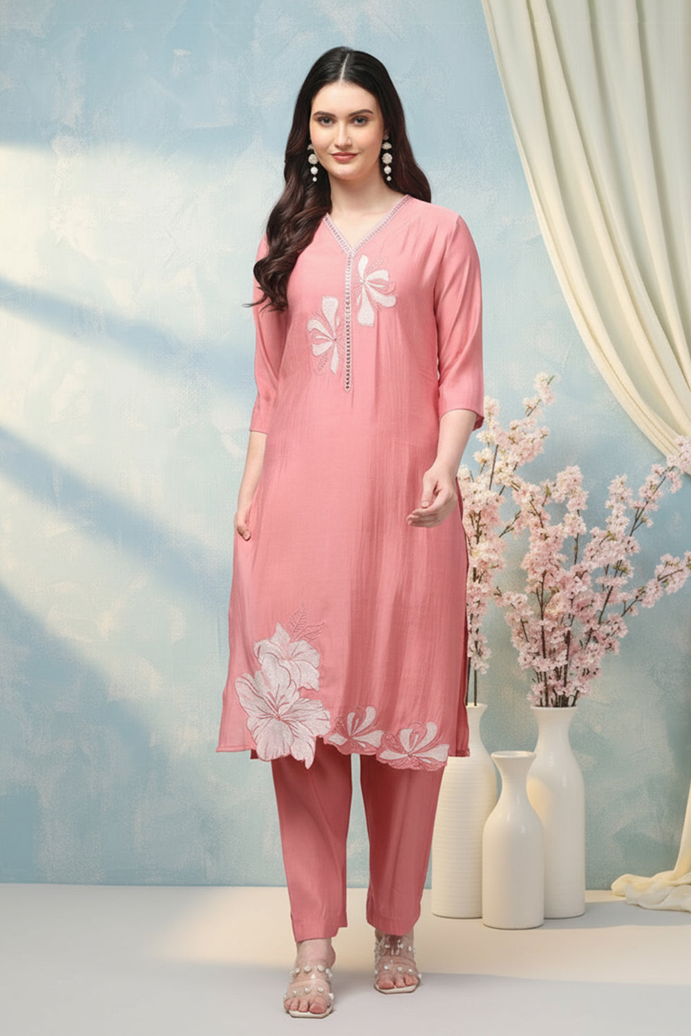 SILK EMBROIDERED SUIT SET- PINK