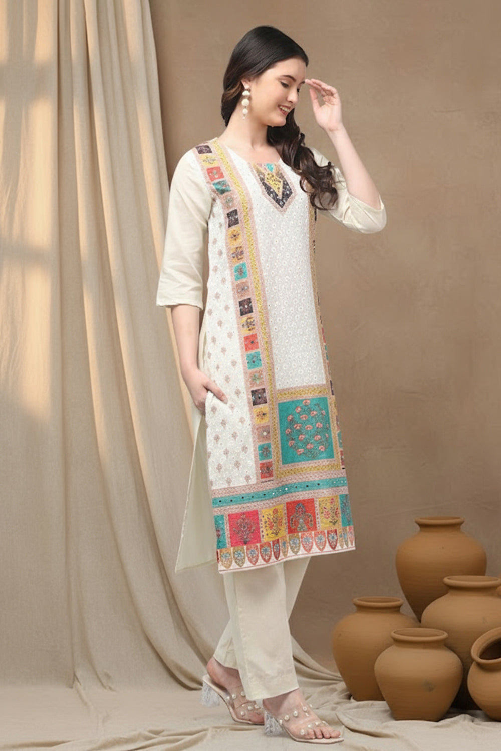 COTTON EMBROIDERED SUIT SET- CREAM