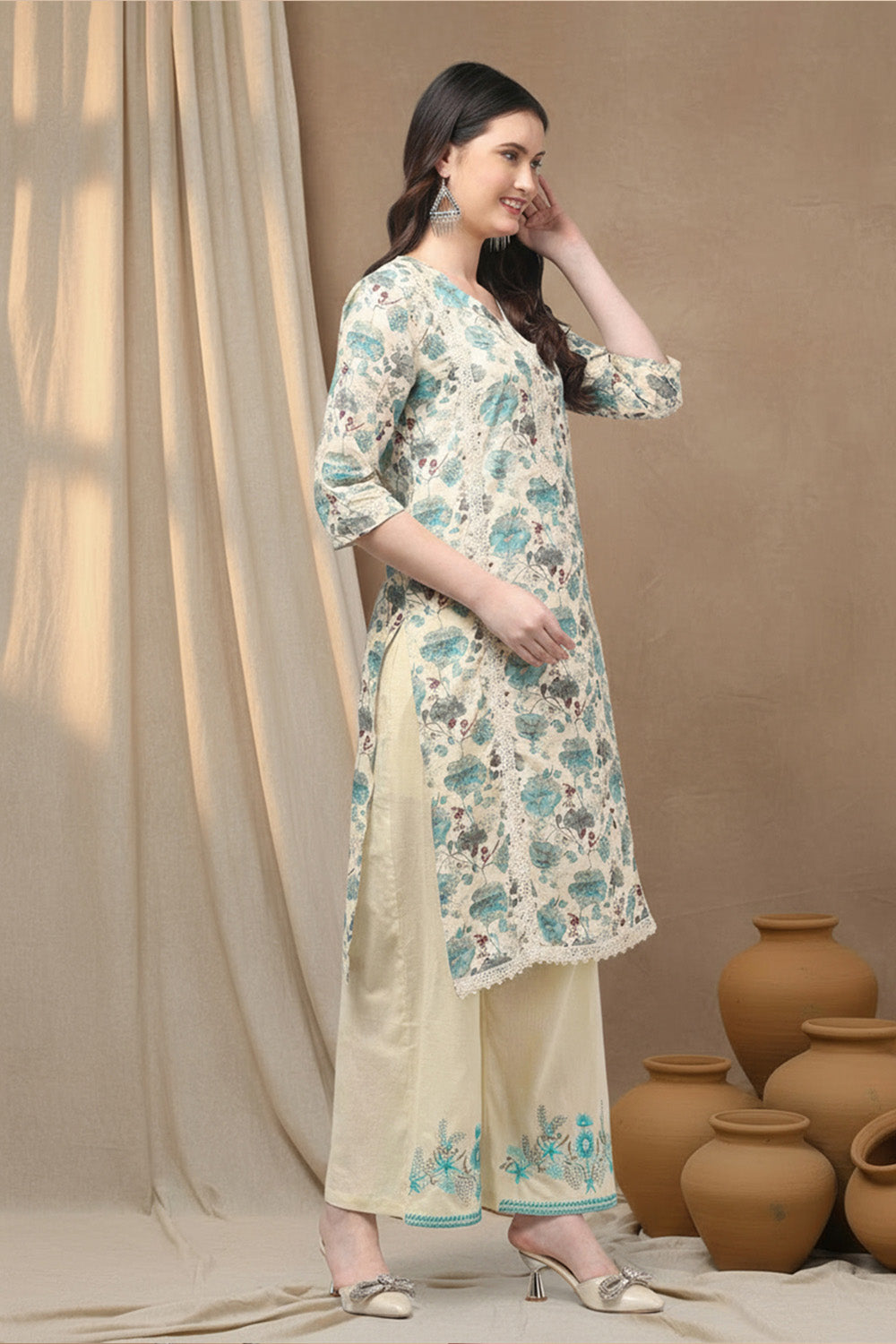 COTTON EMBROIDERED SUIT SET- SEA GREEN